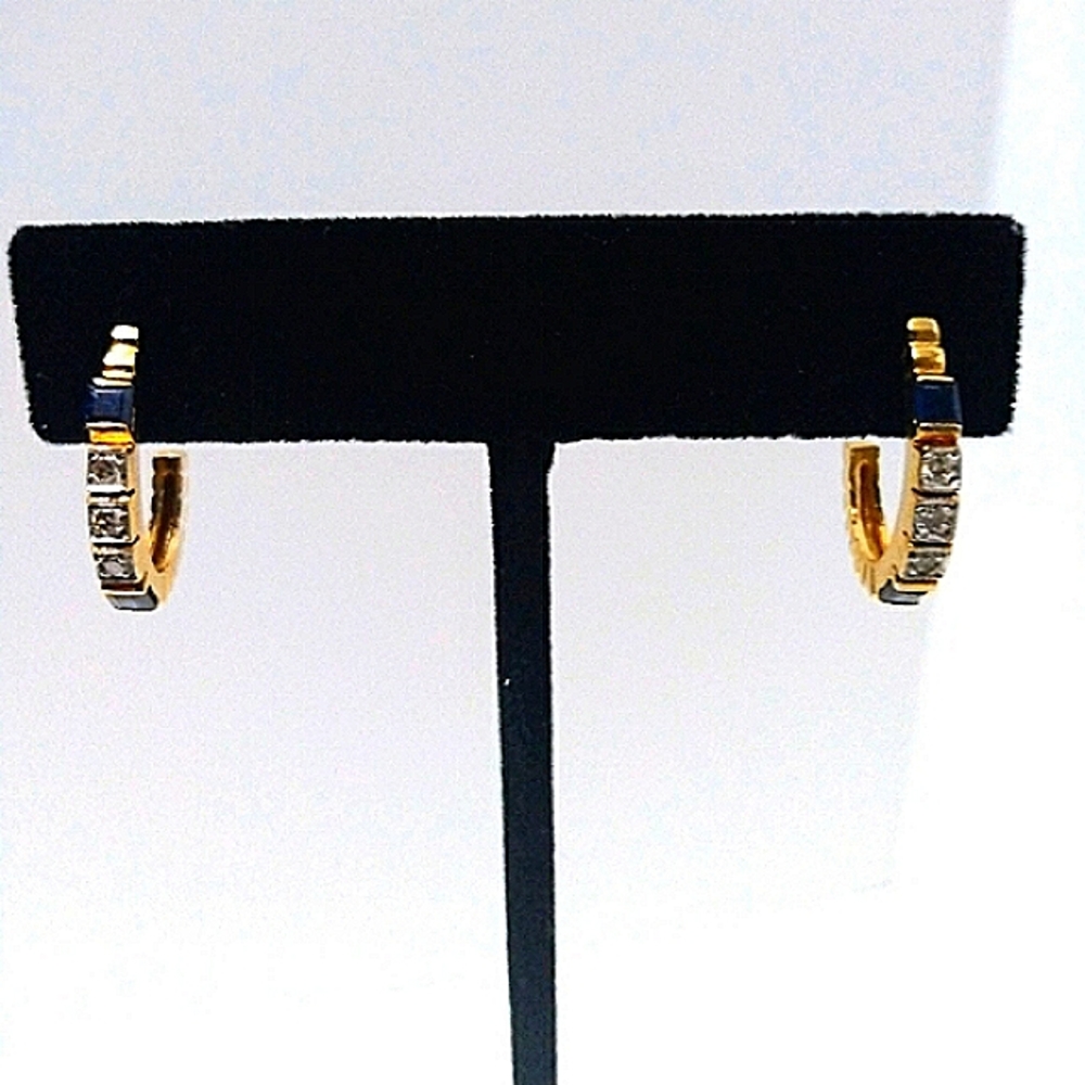 Blue Sapphire And Diamond J Hoop Earrings In 14kt Solid Gold